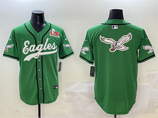 Men's Philadelphia Eagles Team Big Logo Green 2025 Super Bowl LIX Patch Stitched Baseball Jersey Men's Philadelphia Eagles Team Big Logo Green 2025 Super Bowl LIX Patch Stitched Baseball Jersey